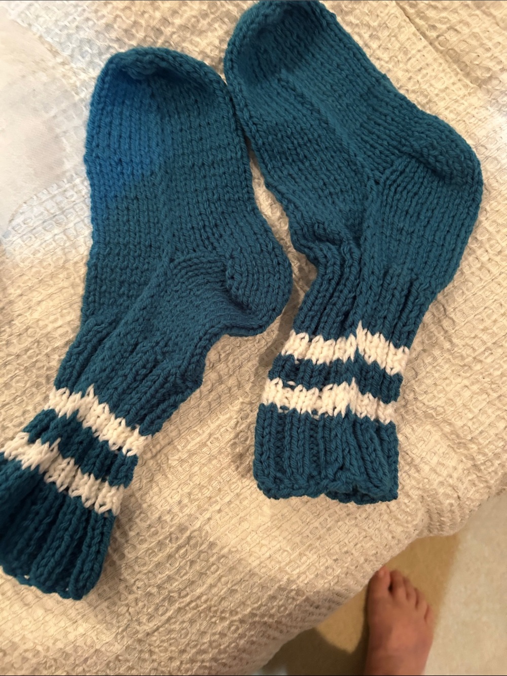 Hand-Knit Teal Wool Socks with White Stripes